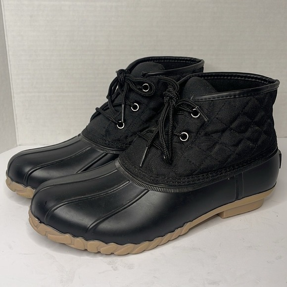 Black Quilted Duck Boots Ankle Rain Boots Waterproof Lace Up Comfort - Picture 1 of 8